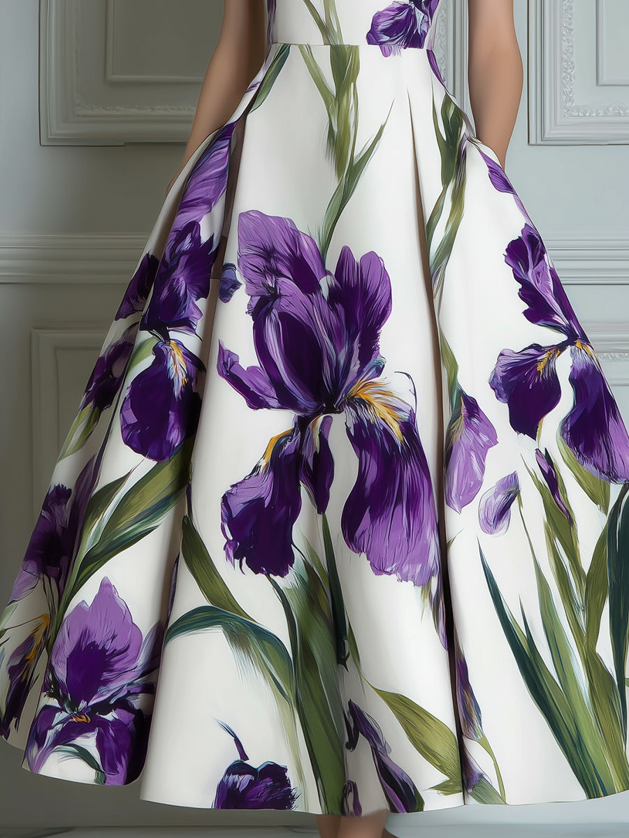 Elegant Purple Iris Print Cap Sleeve Midi Dress
