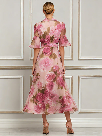 Romantic Rose Garden Chiffon Midi Dress