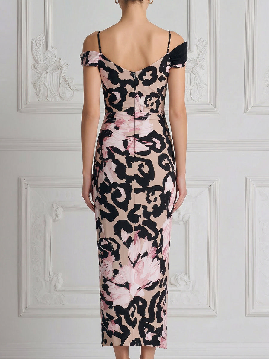 Off-the-Shoulder Abstract Floral Print Ruched Midi Dress