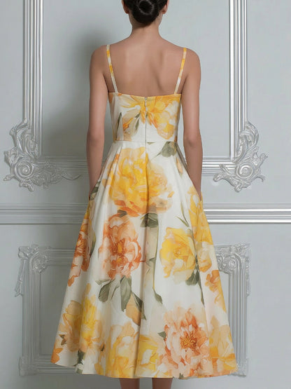 Sunny Yellow Peony Print Spaghetti Strap A-Line Midi Dress