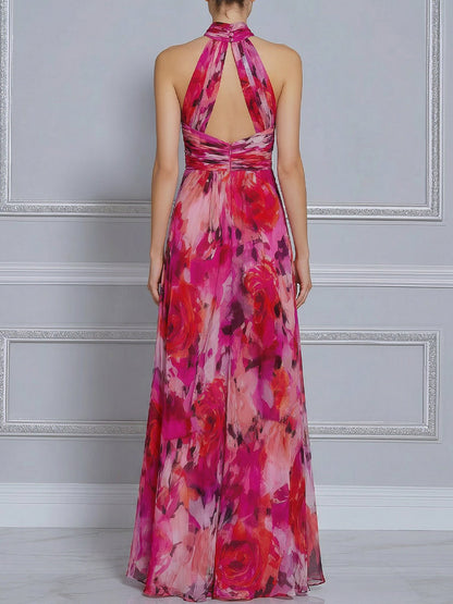 Vibrant Rose Print Halter Neck Flowy Maxi Dress