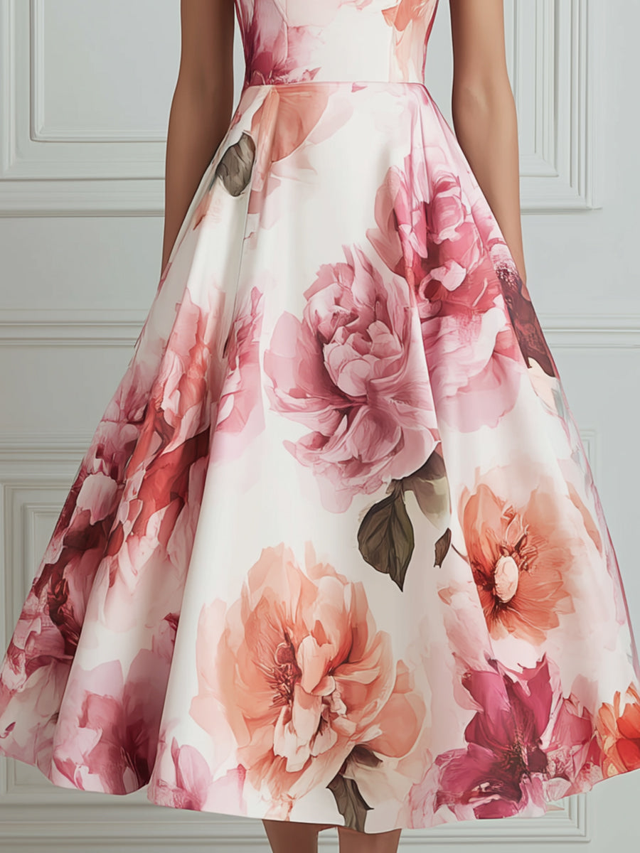 Elegant Watercolor Floral Cap Sleeve Midi Dress