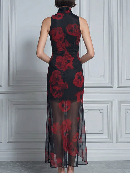Red Rose Print Mesh Ruched High Neck Midi Dress