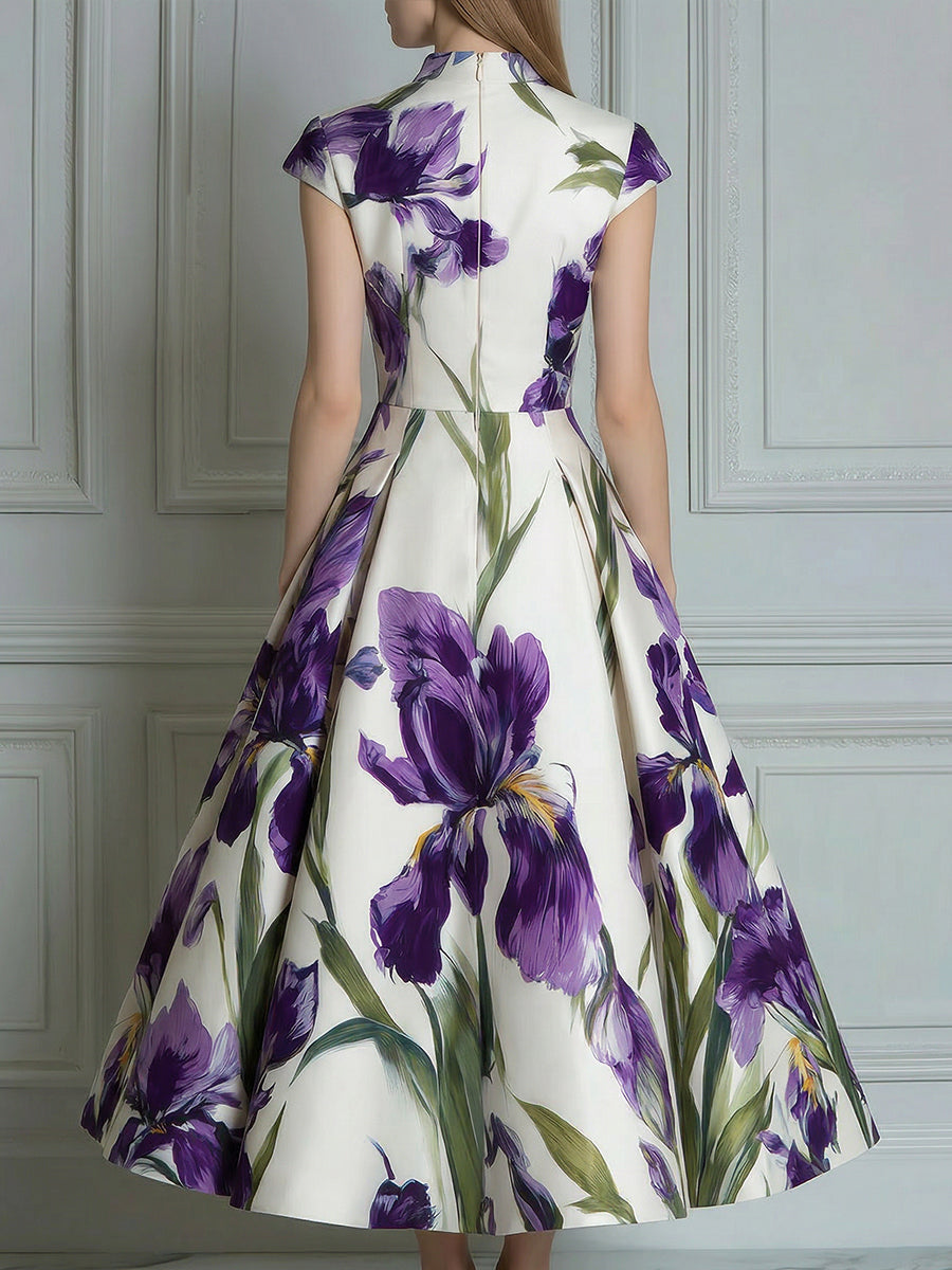 Elegant Purple Iris Print Cap Sleeve Midi Dress
