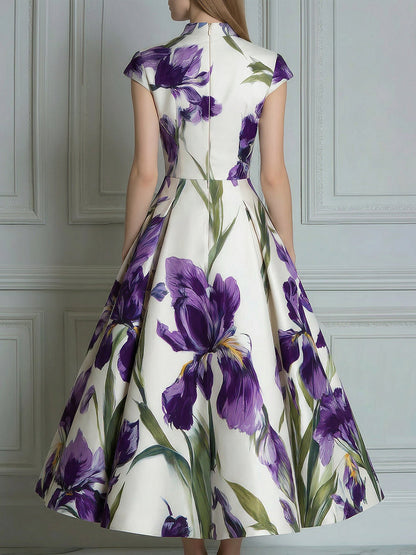 Elegant Purple Iris Print Cap Sleeve Midi Dress