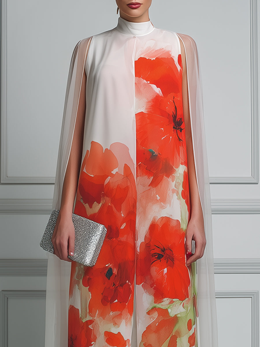 High-Neck Watercolor Poppy Print Cape-Sleeve Front-Slit Maxi Dress