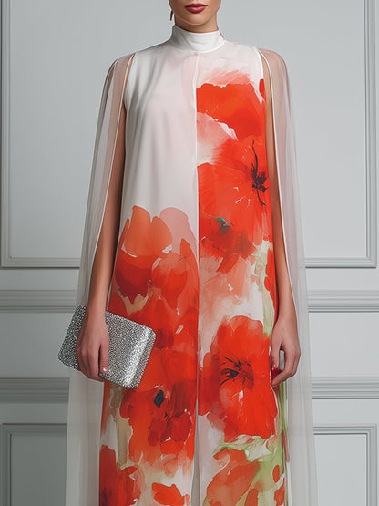 High-Neck Watercolor Poppy Print Cape-Sleeve Front-Slit Maxi Dress