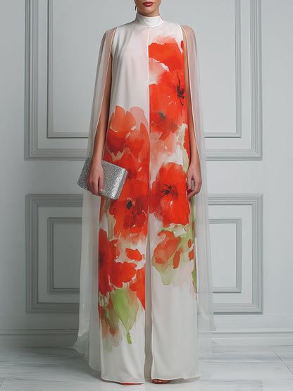 High-Neck Watercolor Poppy Print Cape-Sleeve Front-Slit Maxi Dress