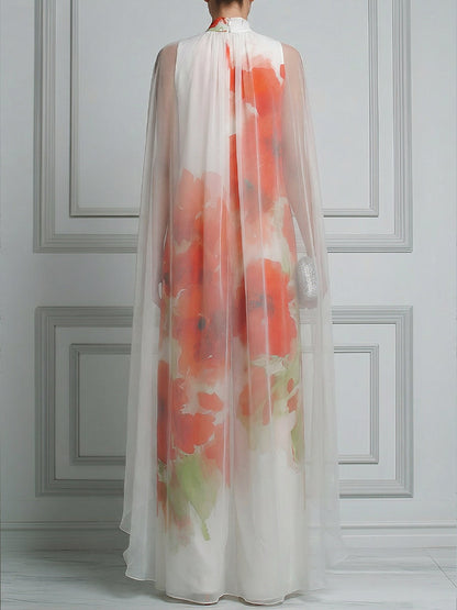 High-Neck Watercolor Poppy Print Cape-Sleeve Front-Slit Maxi Dress