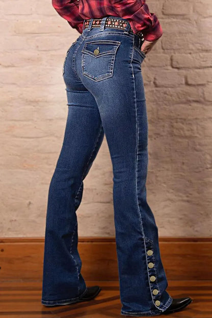 Wash Mid Waist Buttoned Hem Bootcut Jeans Without Belt