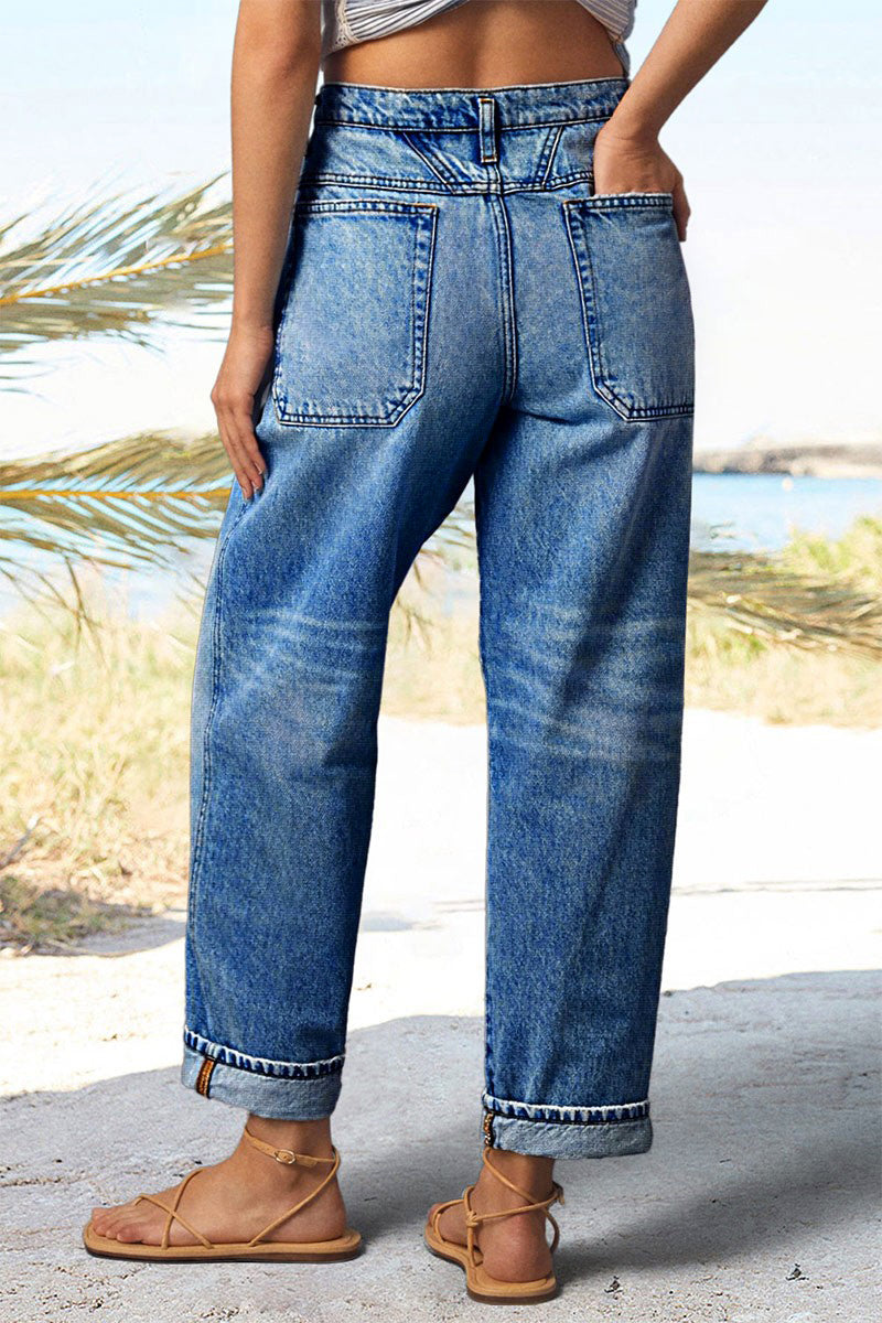 Wash Dual Button Mid Waist Straight Leg Crop Jeans
