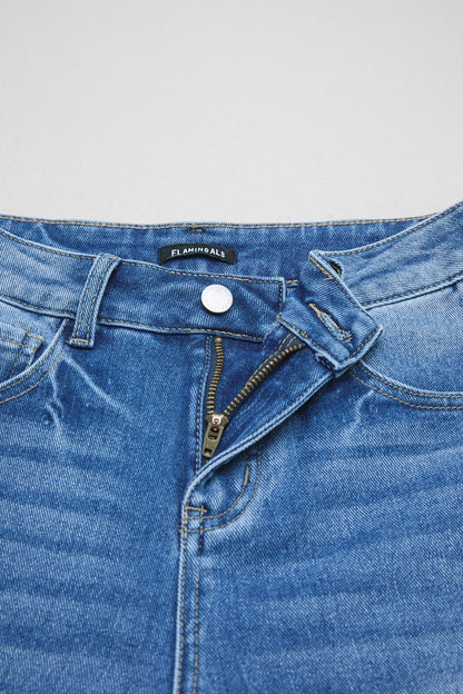 Seam Front Raw Hem High Rise Denim Bermuda Shorts Without Belt