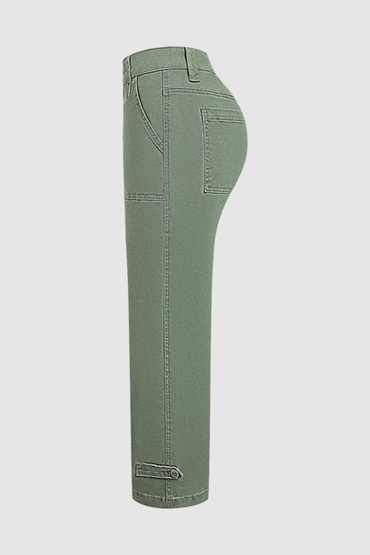 Solid Button Detail Mid Waist Straight Leg Cropped Pants Without Belt
