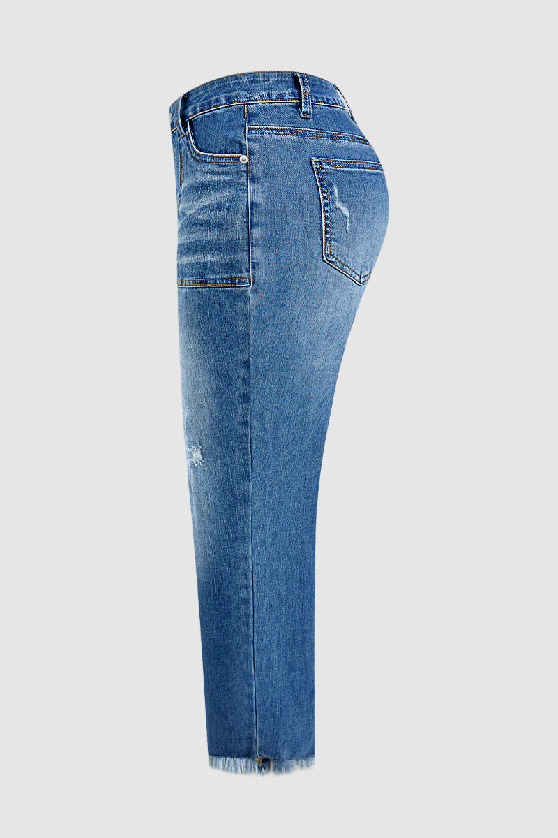 Wash Ripped Raw Hem High Rise Straight Leg Crop Jeans Without Belt