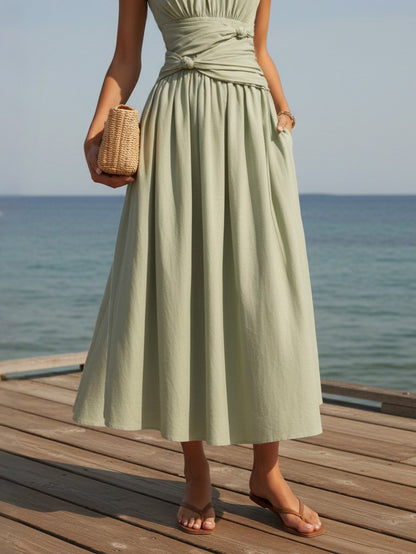 Robe longue en lin, sans manches, col rond, unie, style vintage français, verte