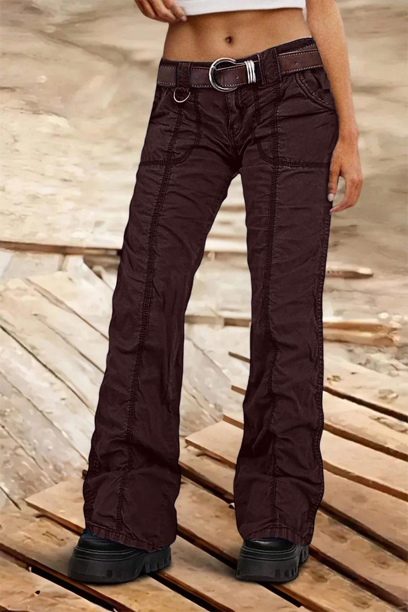 Solid Stitch Detail Mid Rise Straight Leg Cargo Pants Without Belt