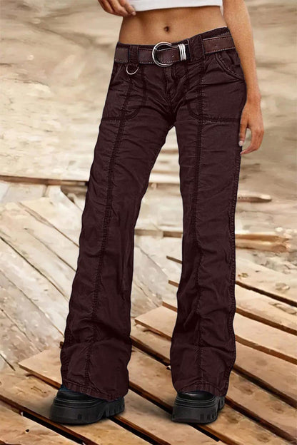 Solid Stitch Detail Mid Rise Straight Leg Cargo Pants Without Belt