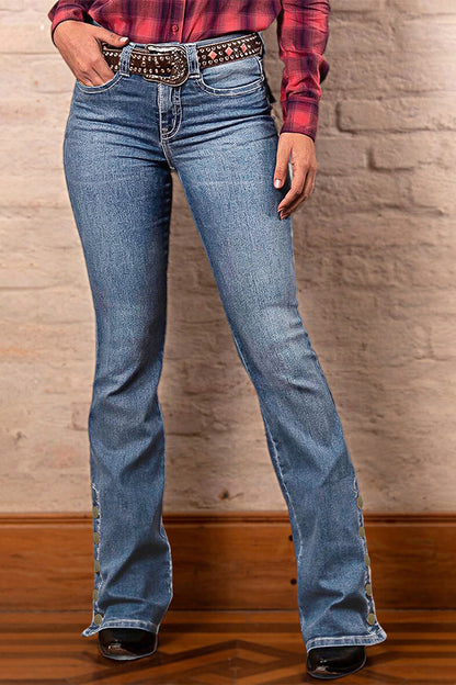 Wash Mid Waist Buttoned Hem Bootcut Jeans Without Belt
