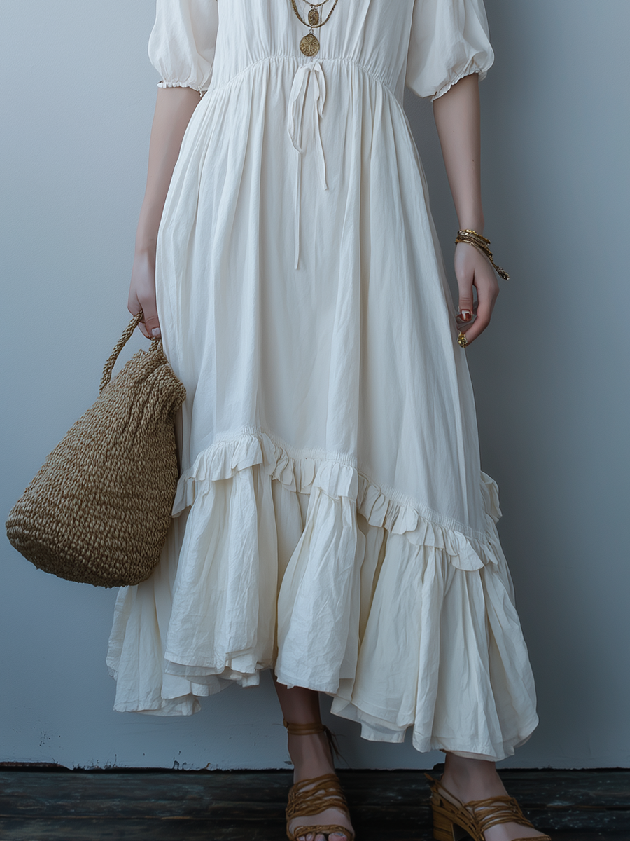 Robe mi-longue blanc ivoire taille haute avec cordon de serrage et ourlet volanté