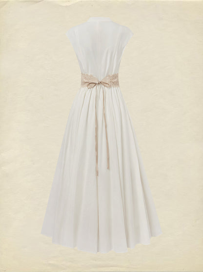Robe longue en lin, manches courtes, col en V, unie, dentelle, vintage, blanche