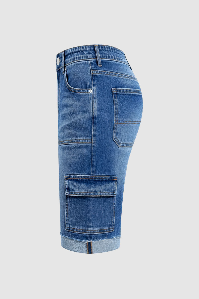 Wash Raw Hem Flap Pocket Mid Waist Denim Bermuda Shorts Without Belt