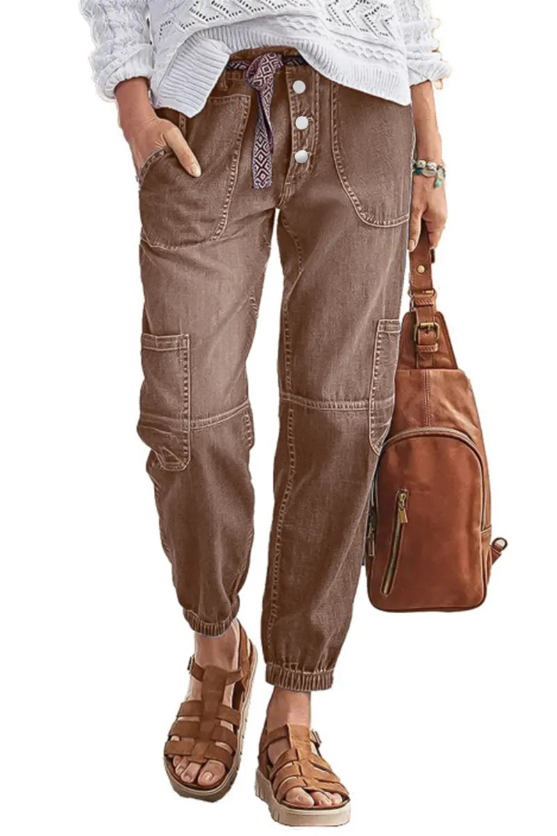 Multi Pocket Button Fly Mid Rise Straight Leg Crop Jeans Without Belt