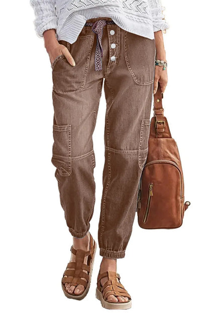 Multi Pocket Button Fly Mid Rise Straight Leg Crop Jeans Without Belt