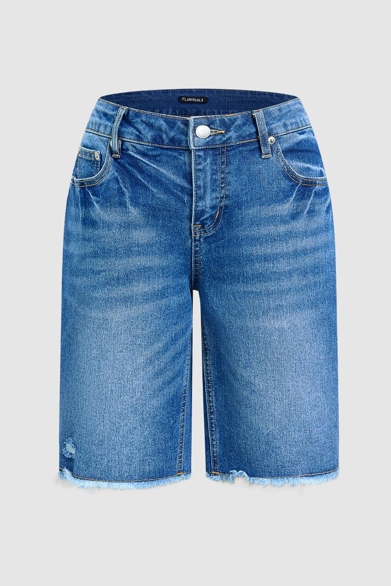 Wash Raw Hem Mid Rise Denim Bermuda Shorts