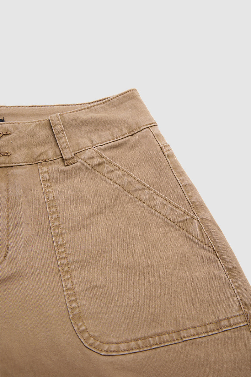 Solid Patched Pocket Mid Waist Wide Leg Pants