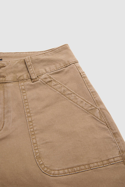 Solid Patched Pocket Mid Waist Wide Leg Pants