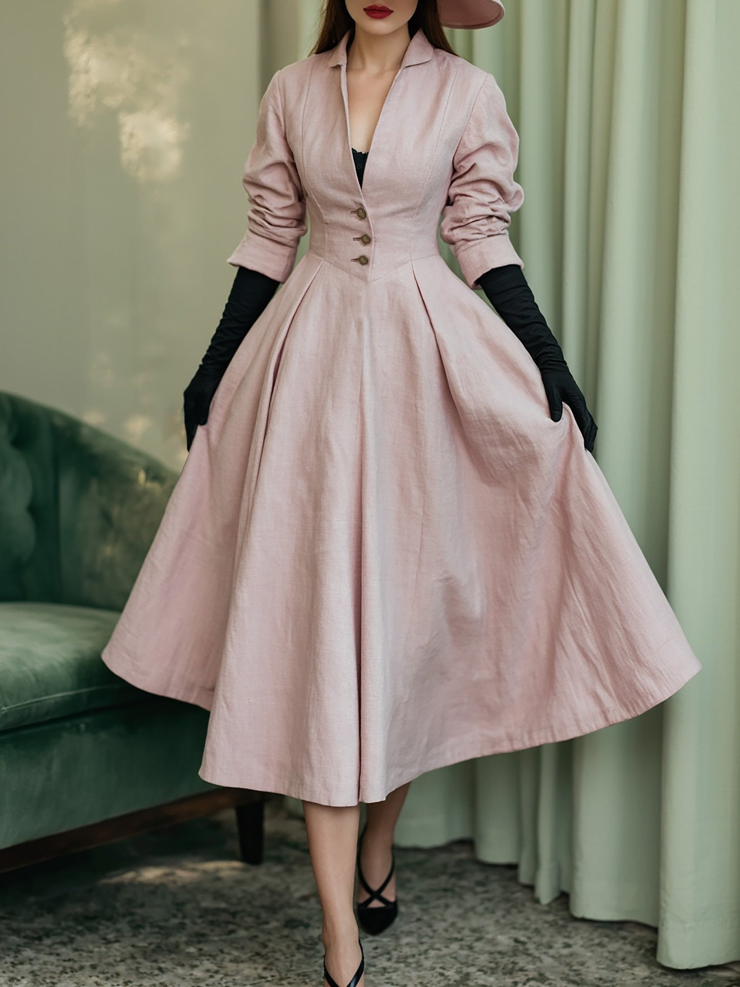 Robe midi en lin, manches longues, col en V, unie, boutonnée, style vintage français, rose clair