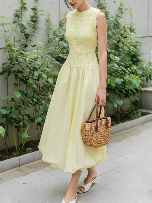 Robe Midi en Coton, Sans Manches, Col Rond, Unie, Dentelle, Vintage Français, Jaune Clair