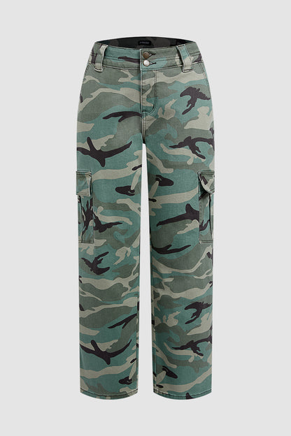 Camo Print Flap Pocket Mid Waist Straight Leg Cargo Pants