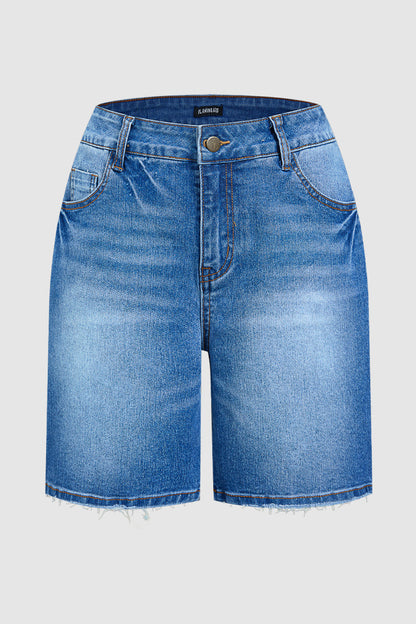 Wash Raw Hem Mid Waist Denim Mid Thigh Shorts Without Belt