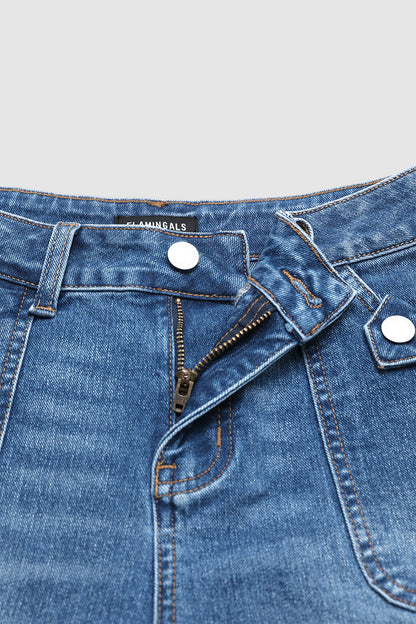 Wash Raw Hem Patch Pocket Mid Rise Denim Shorts