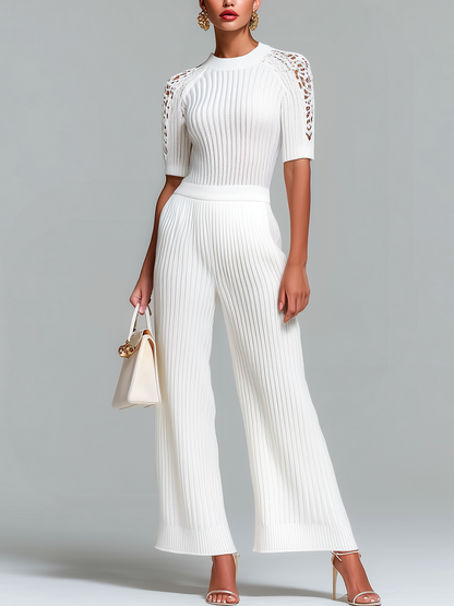 Stylish Elegant White Round-neck Lace Panel Short-sleeved Top Loose Wide-leg Pants Ribbed Knit Two-piece Set