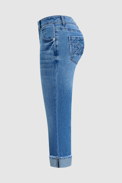 Roll & Raw Hem Criss Cross Mid Waist Straight Leg Capri Jeans