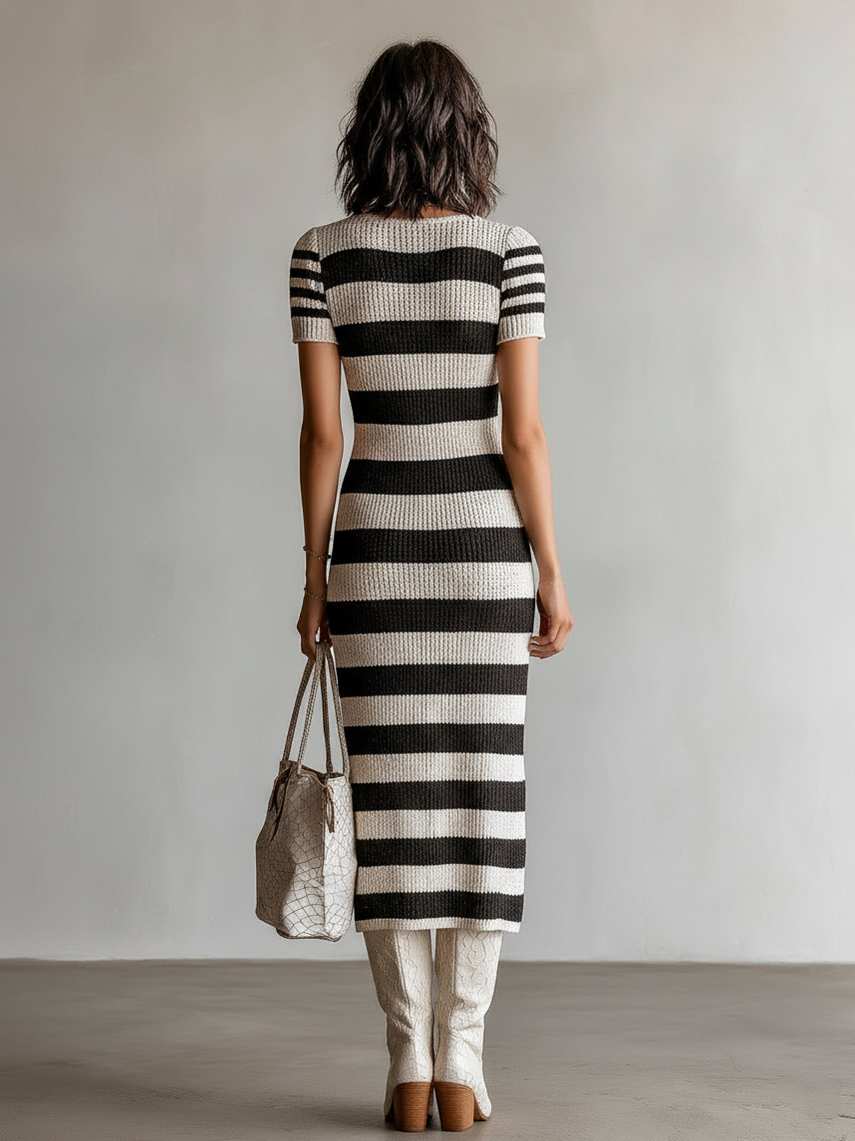 Chic Elegant Black White Stripes Deep V-Neck Single-Breasted Short-Sleeve Side Slit Knit Midi Dress