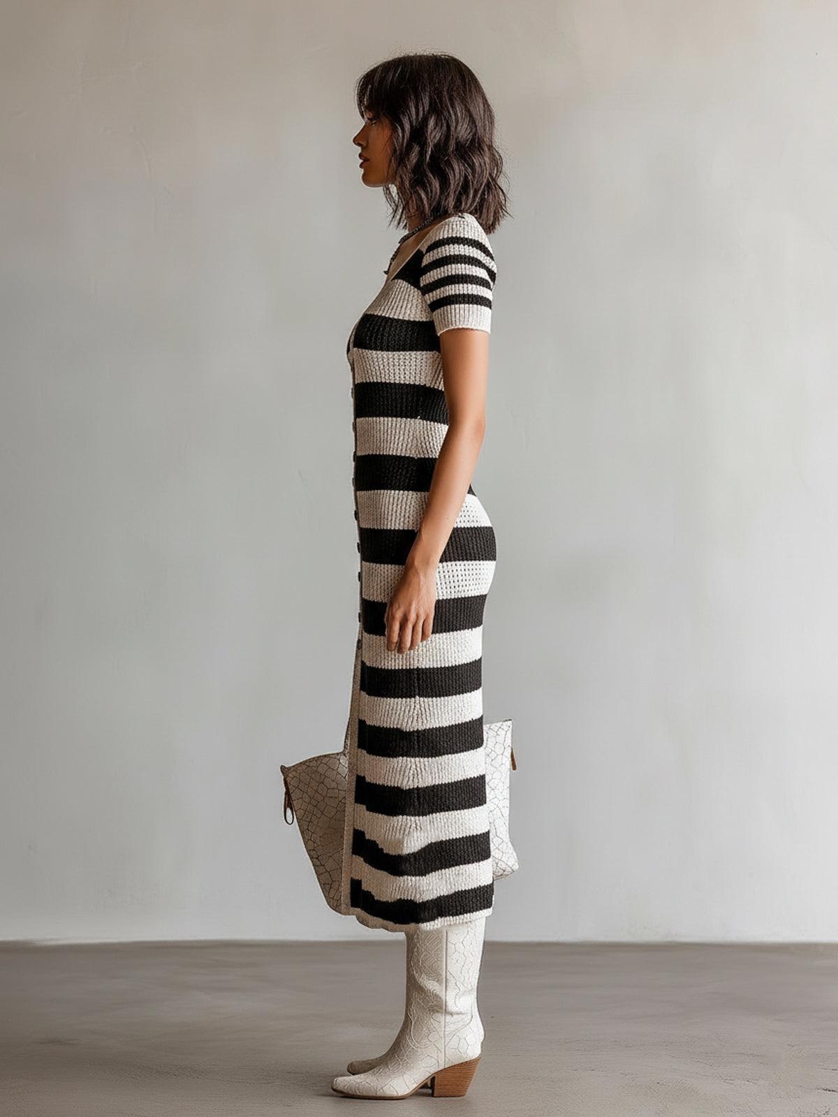 Chic Elegant Black White Stripes Deep V-Neck Single-Breasted Short-Sleeve Side Slit Knit Midi Dress