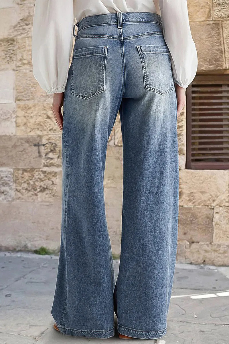 Wash Stitch Decor Wide Leg Mid Rise Jeans Without Belt