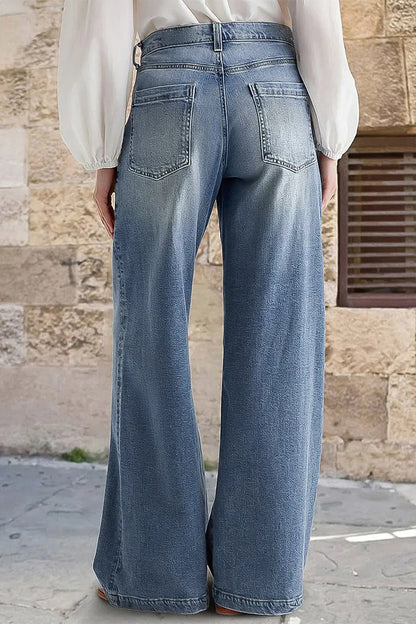 Wash Stitch Decor Wide Leg Mid Rise Jeans Without Belt