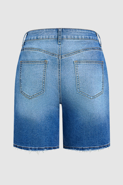Wash Raw Hem Mid Waist Denim Mid Thigh Shorts Without Belt