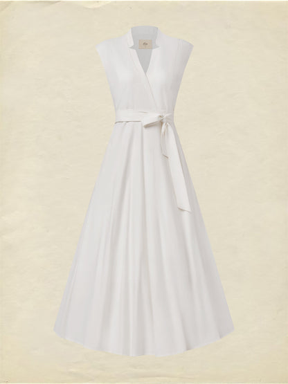 Robe midi en lin, sans manches, col en V, unie, avec ceinture, vintage, blanche