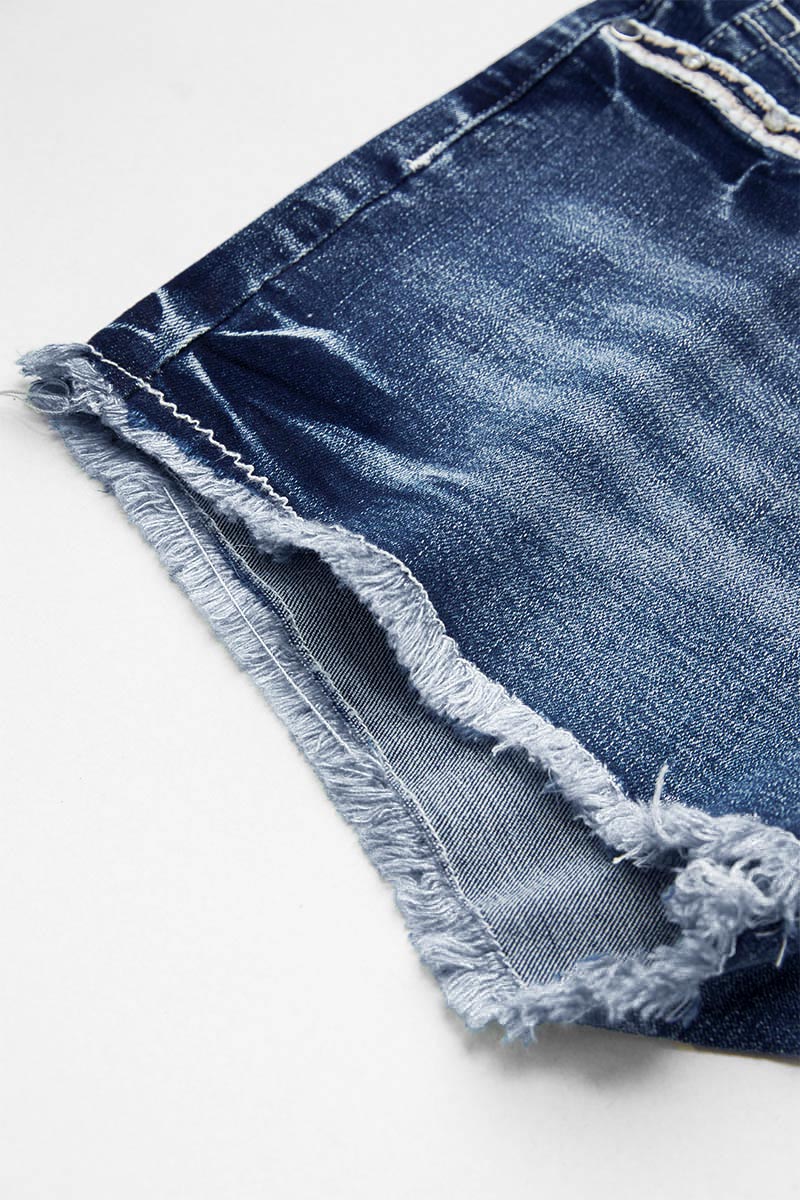 Bull & Floral Embroidered Raw Hem Mid Rise Denim Shorts