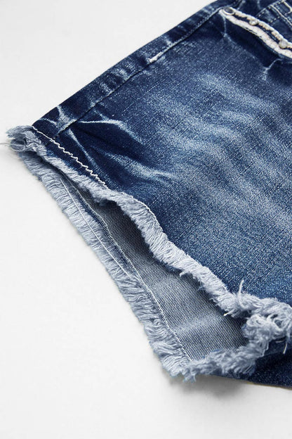 Bull & Floral Embroidered Raw Hem Mid Rise Denim Shorts