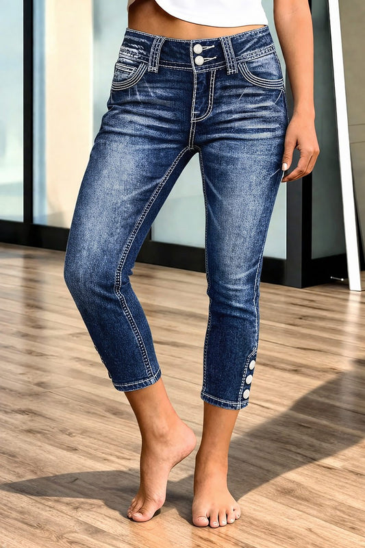 Wash Button Side Mid Waist Skinny Crop Jeans