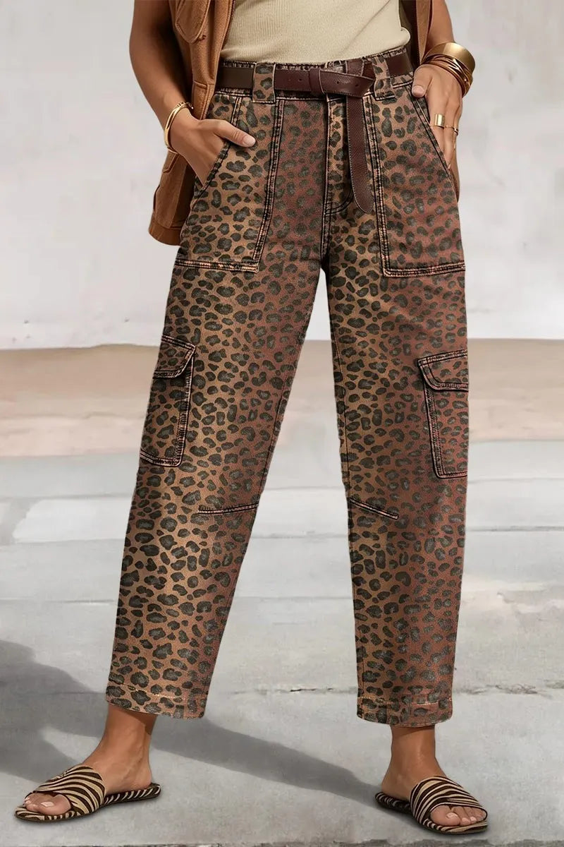 Leopard Print Flap Pocket High Waist Tapered Cargo Crop Pants Without Belt