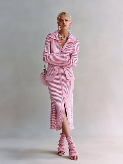 Chic Elegant Pink Lapel Collar Long Sleeve Single-Breasted Loose-Fit Cardigan Bodycon Midi Skirt Ribbed Knit Two-Piece Set