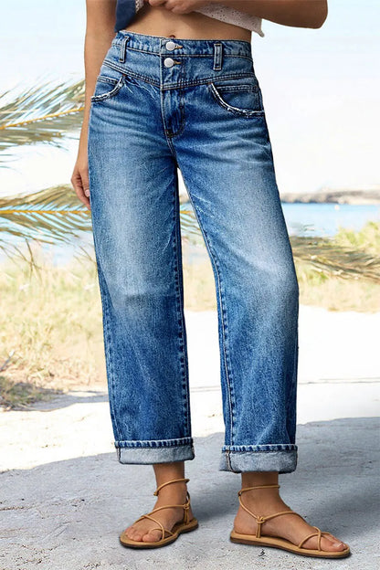 Wash Dual Button Mid Waist Straight Leg Crop Jeans