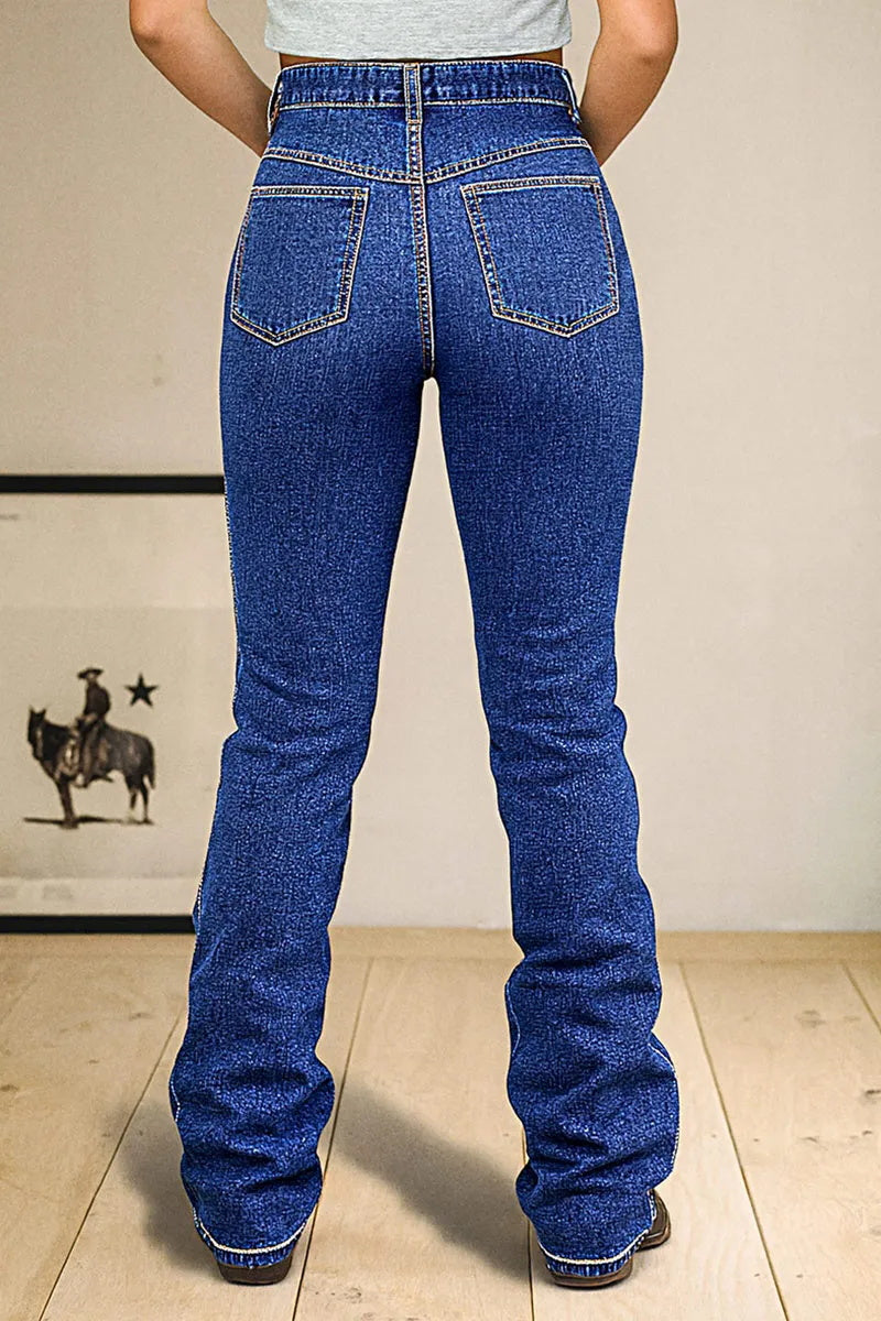 Wash Stitch Detail Button Up High Rise Bootcut Jeans